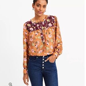 Loft Mixed Print Henley Blouse Medium